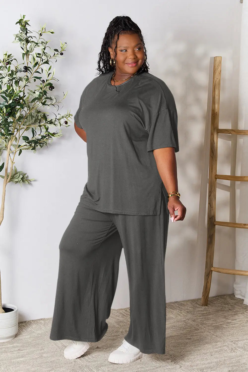 I am a Fashion Junky Full Size Round Neck Slit Top and Pants Set