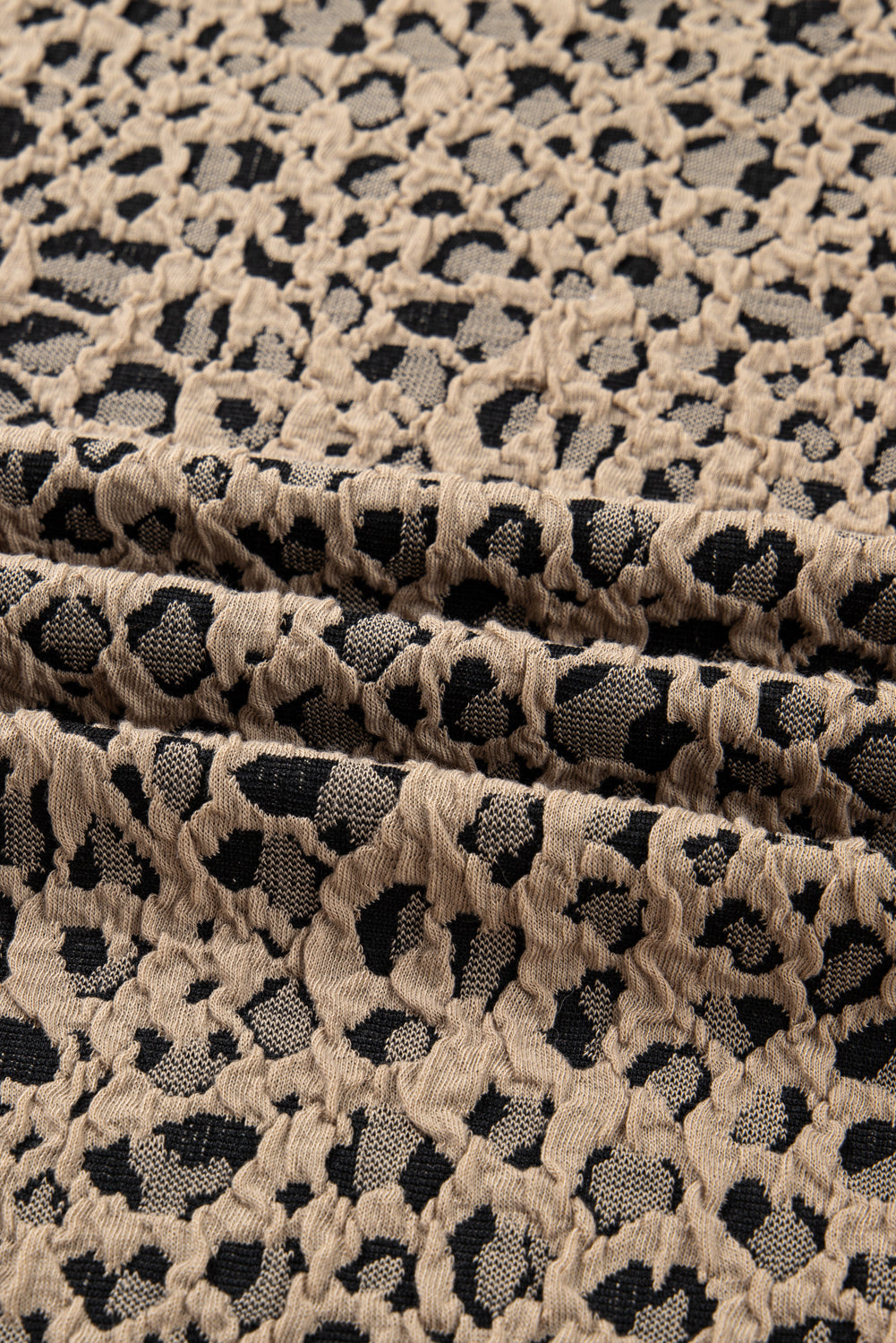 Khaki Leopard Textured Ribbed Trim Plus Size Long Sleeve Top