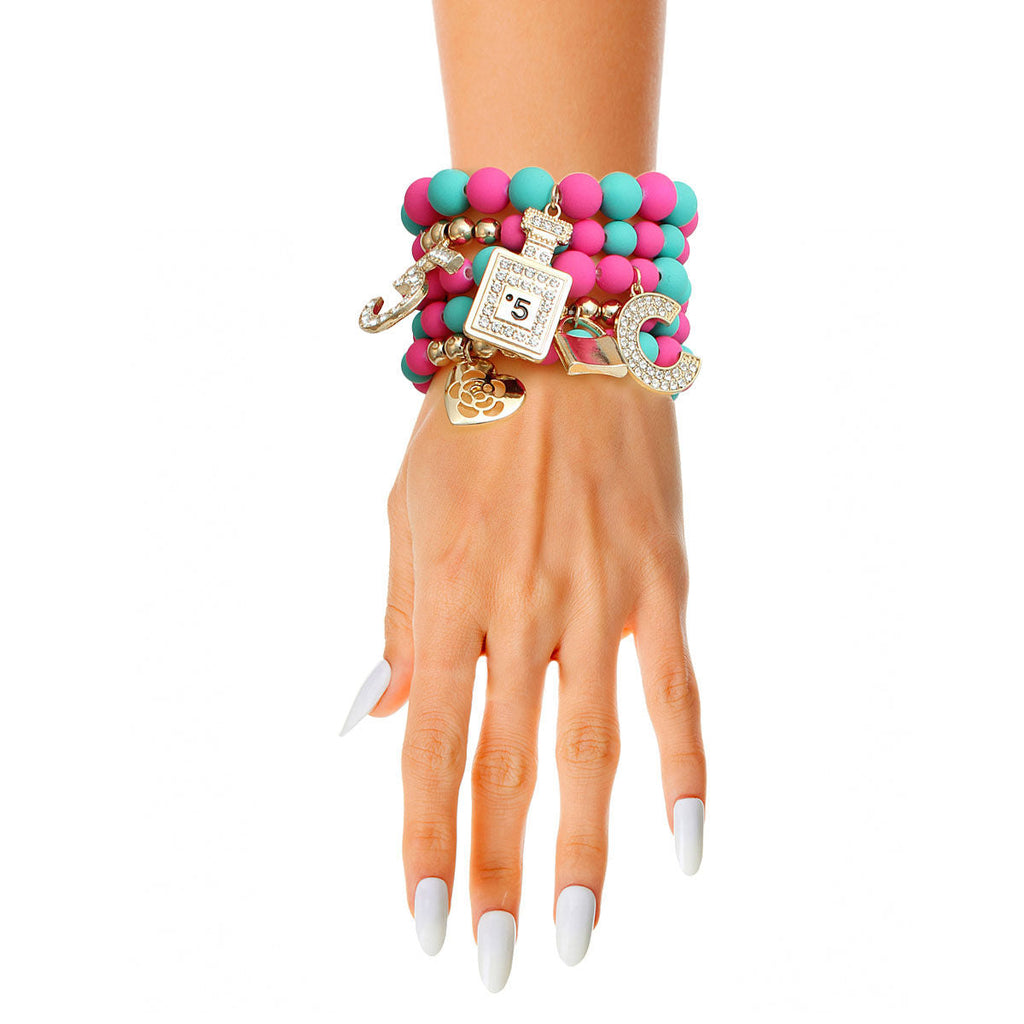 Boutique Charm Bracelets Matte Fuchsia and Teal Stylish Statement Jewelry