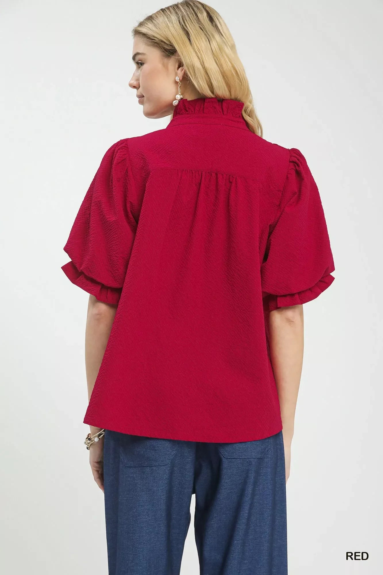 Textured Smocked Yoke Split-Neck Top