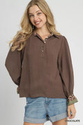 Half Button Blouse with Leopard Print Trim