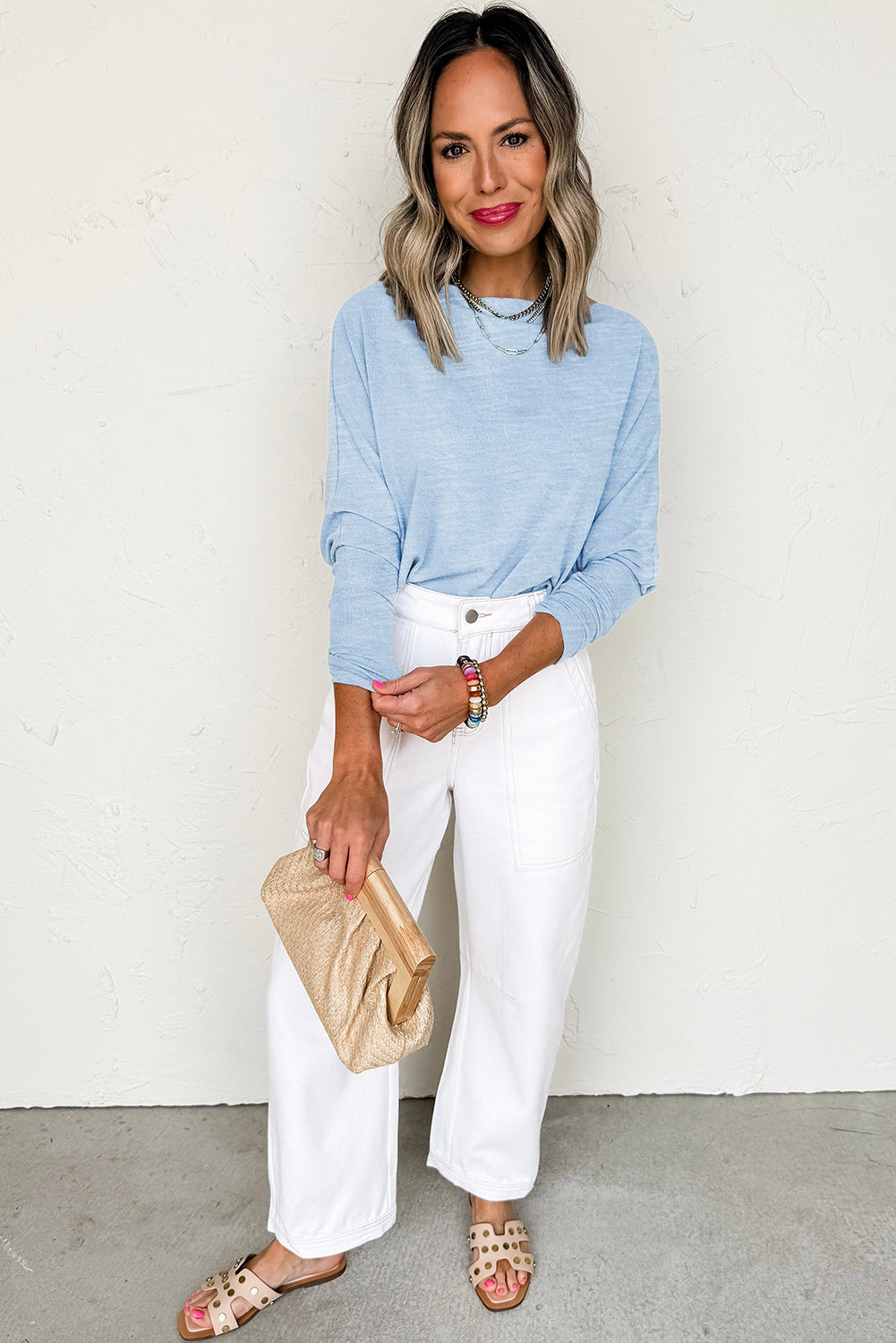 Beau Blue Solid Color Batwing Long Sleeve Top
