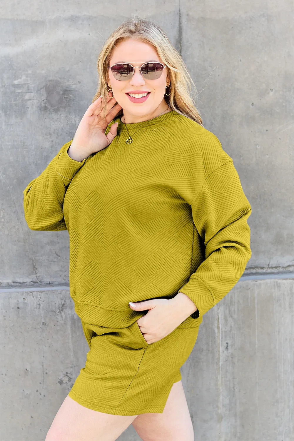 Full Size Texture Long Sleeve Top and Drawstring Shorts Set
