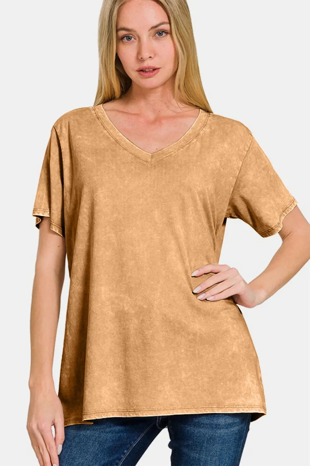 Full Size Washed Short Sleeve V-Neck T-Shirt