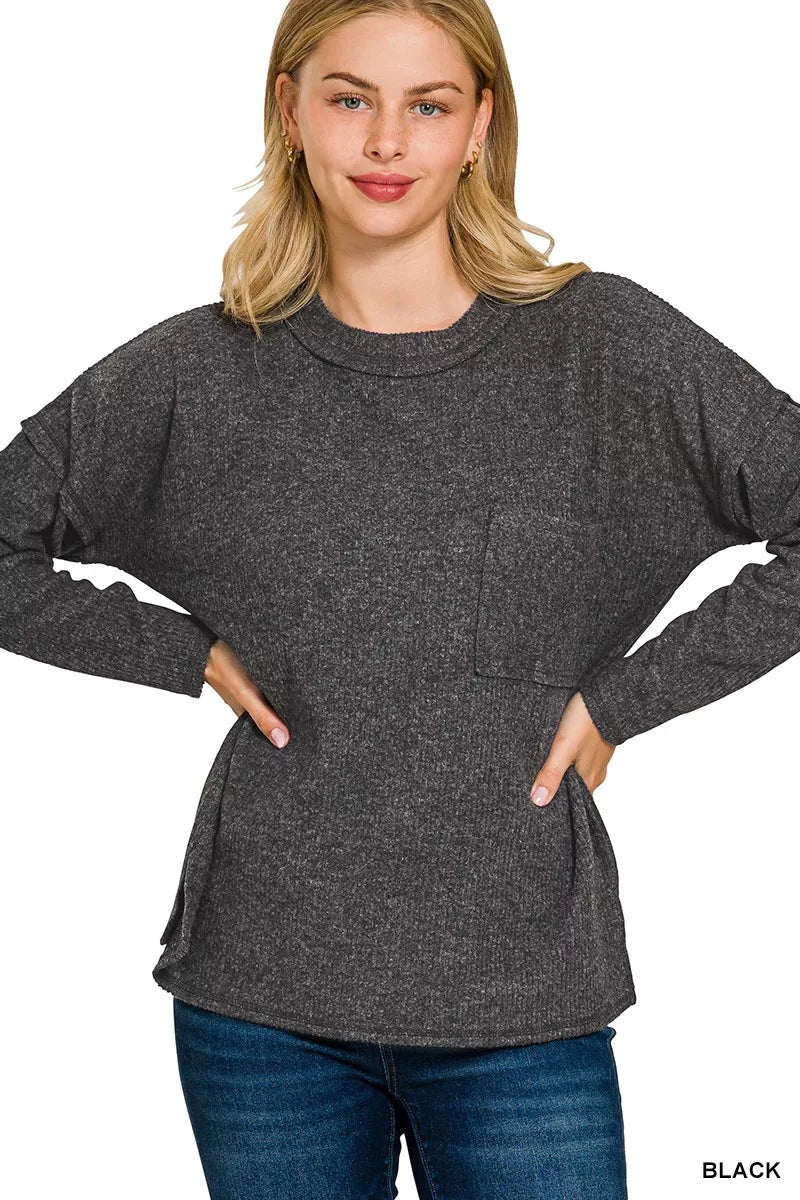 Ribbed Brushed Melange Hacci Sweater with Chest Pocket