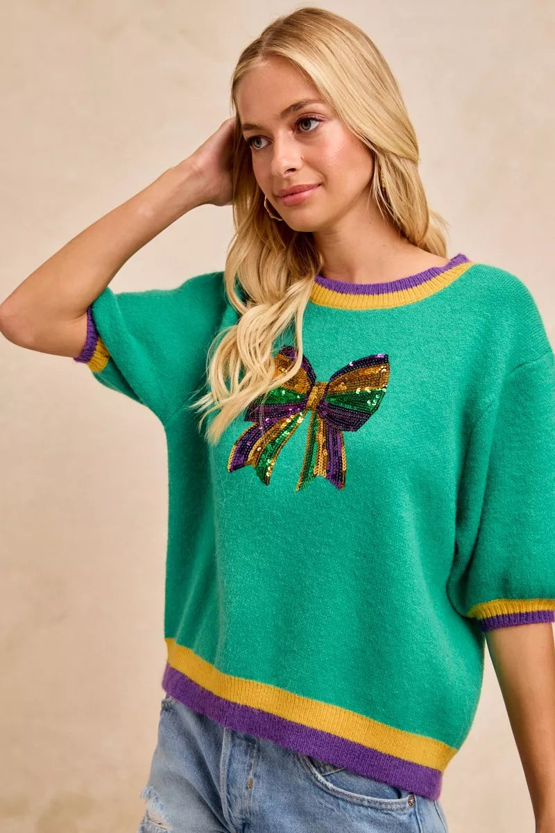 Mardi Gras Sequin Ribbon Patched Sweater