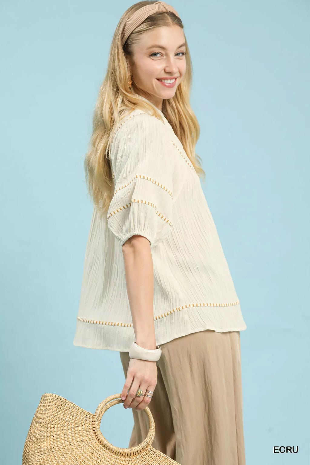Textured Short Sleeve Top with Contrast Trim