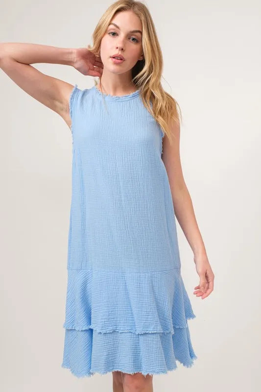 Washed Fringe Detail Tiered Dress