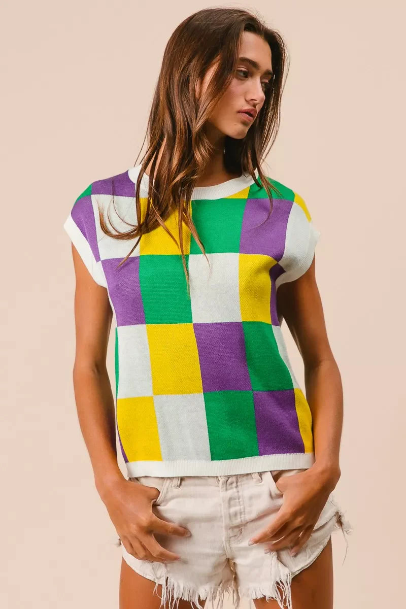 Mardi Gras Checker Pattern Sleeveless Sweater Top