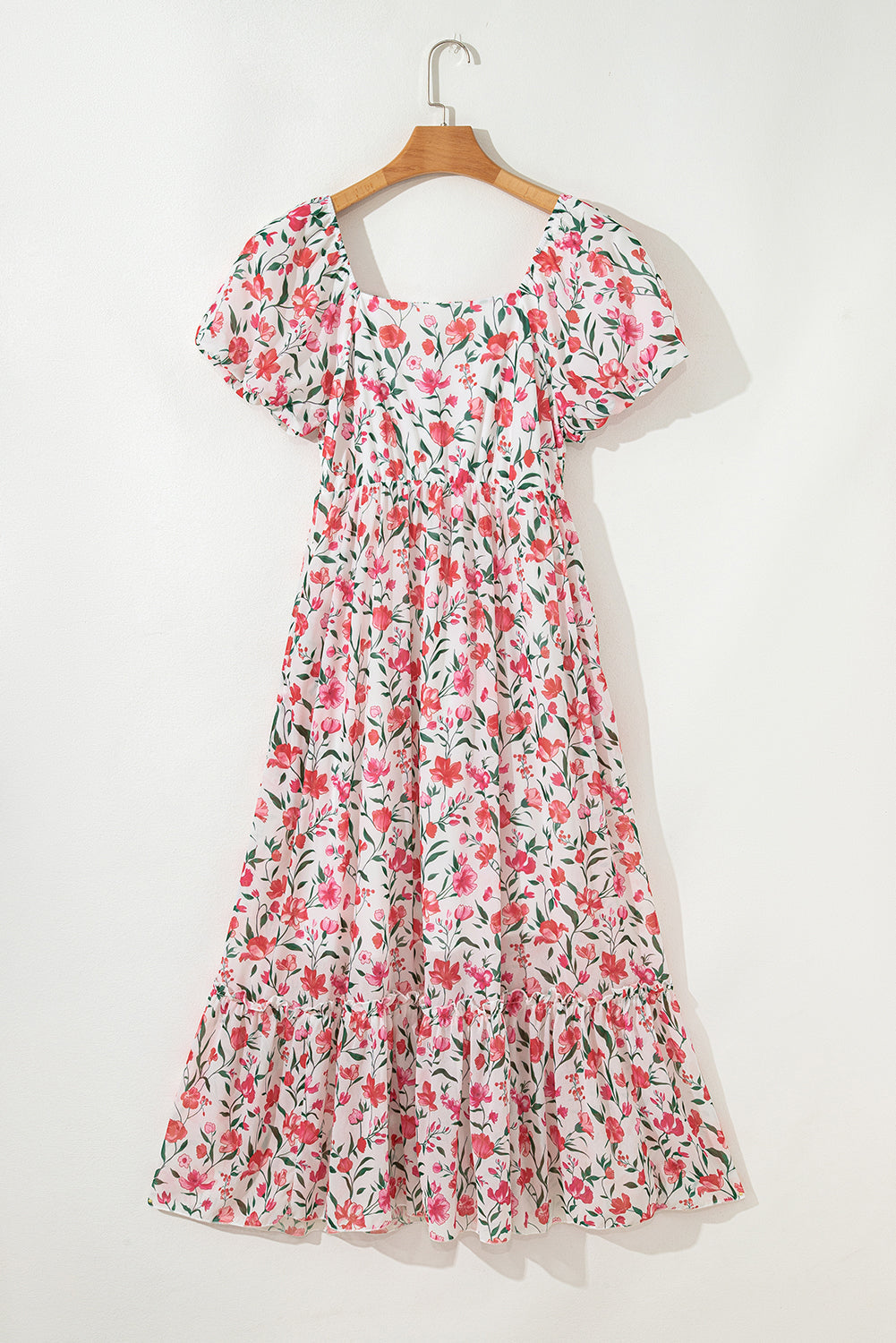 Pink Floral Puff Sleeve Square Neck Empire Waist Tiered Maxi Dress