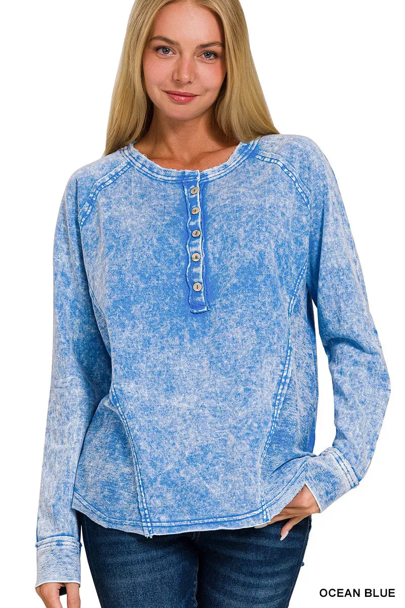 Washed French Terry Half Button Top
