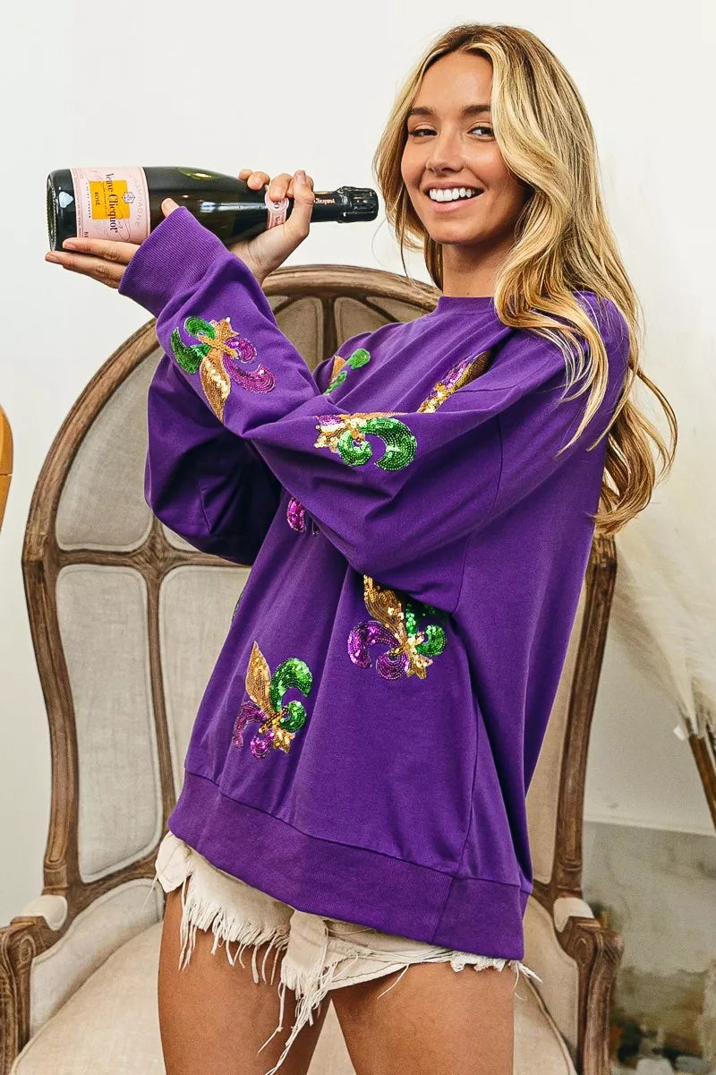 Fleur De Lis Sequin Patches Mardi Gras Sweatshirt