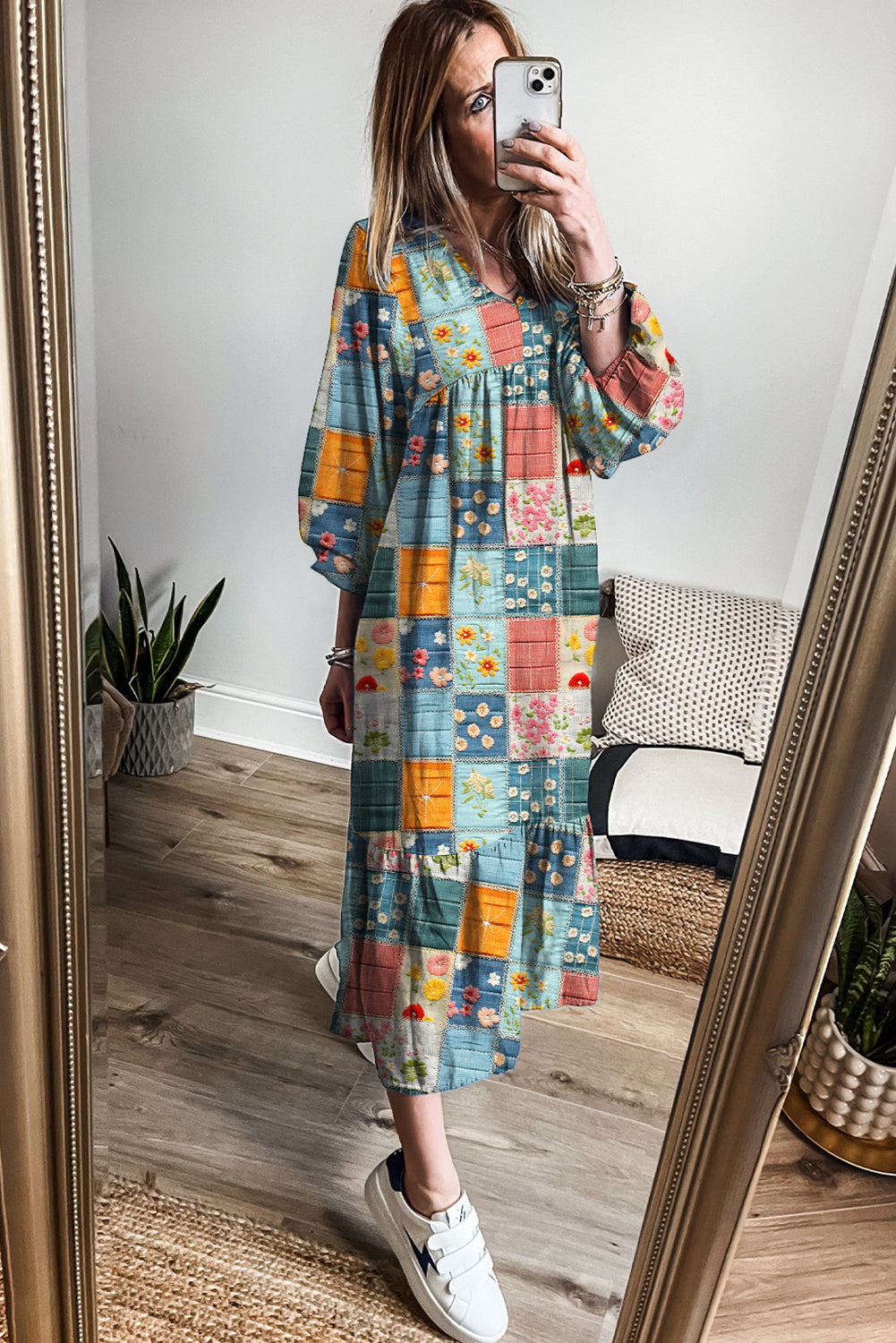 Sky Blue Mix Floral Checkered Pattern Bubble Sleeve Ruffle Hem Dress