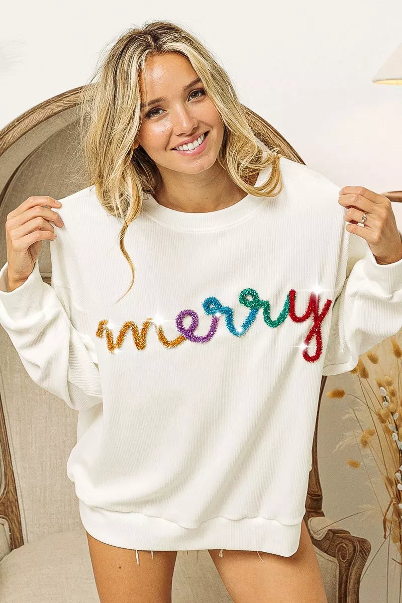 Merry Tinsel Lettering Drop Shoulder Sweatshirt