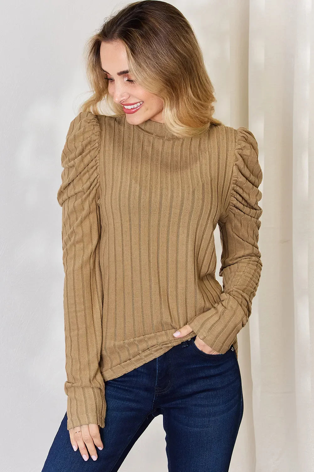 I am a Fashion junky Full Size Ribbed Mock Neck Puff Sleeve T-Shirt