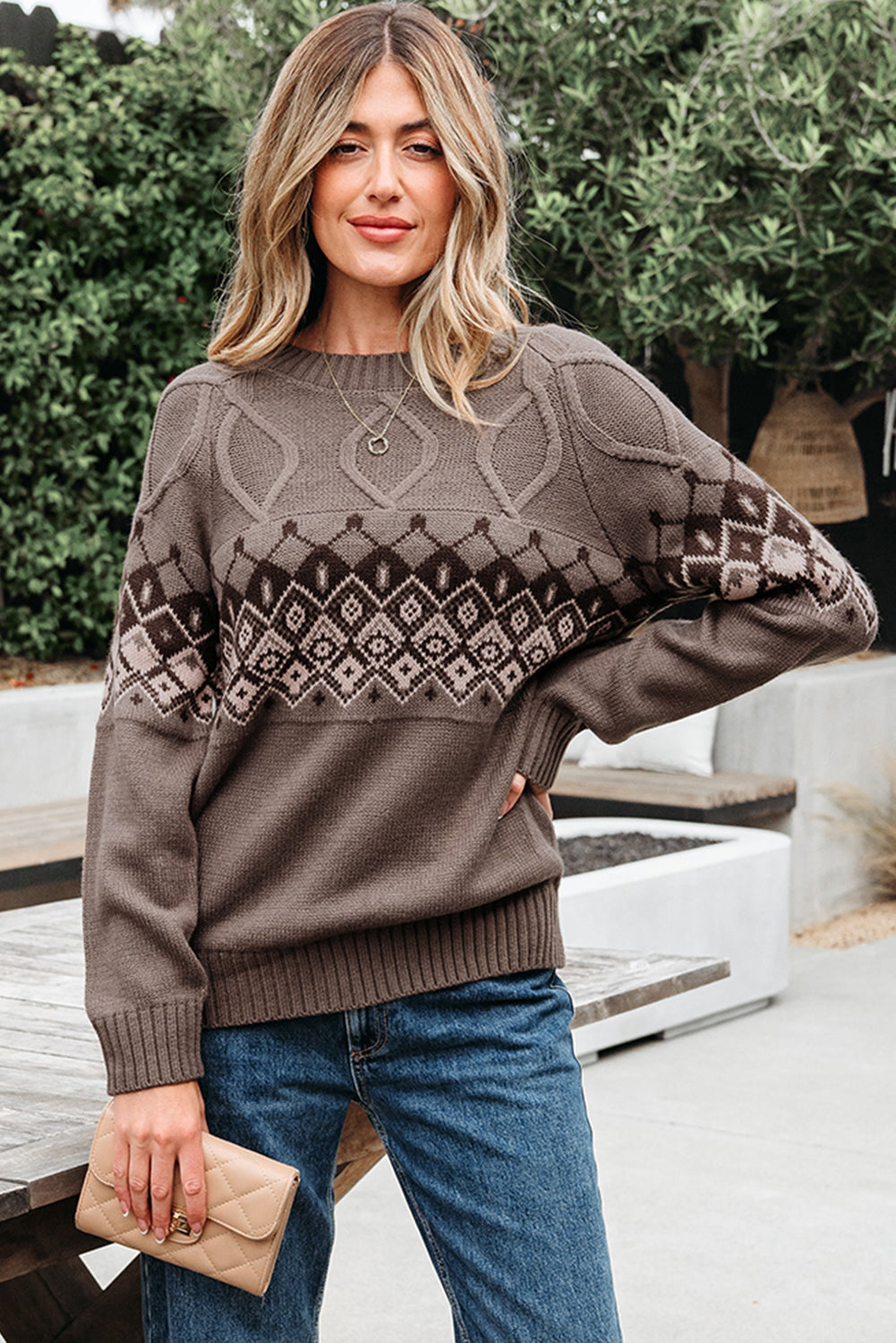 Light French Beige Western Geometric Patterned Crew Neck Knitted Sweater