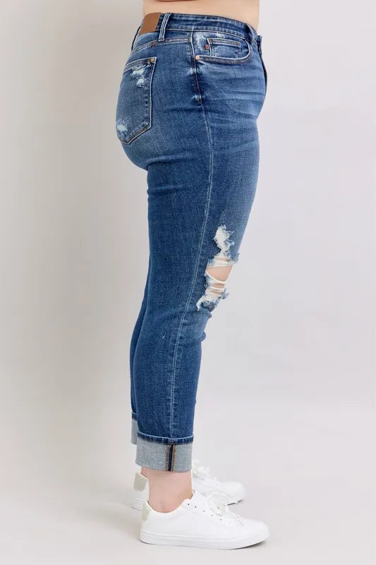 Full Size Mid Rise Boyfriend destroy Jeans with Yoke Pockets and Faux Selvedge Cuff Plus Size