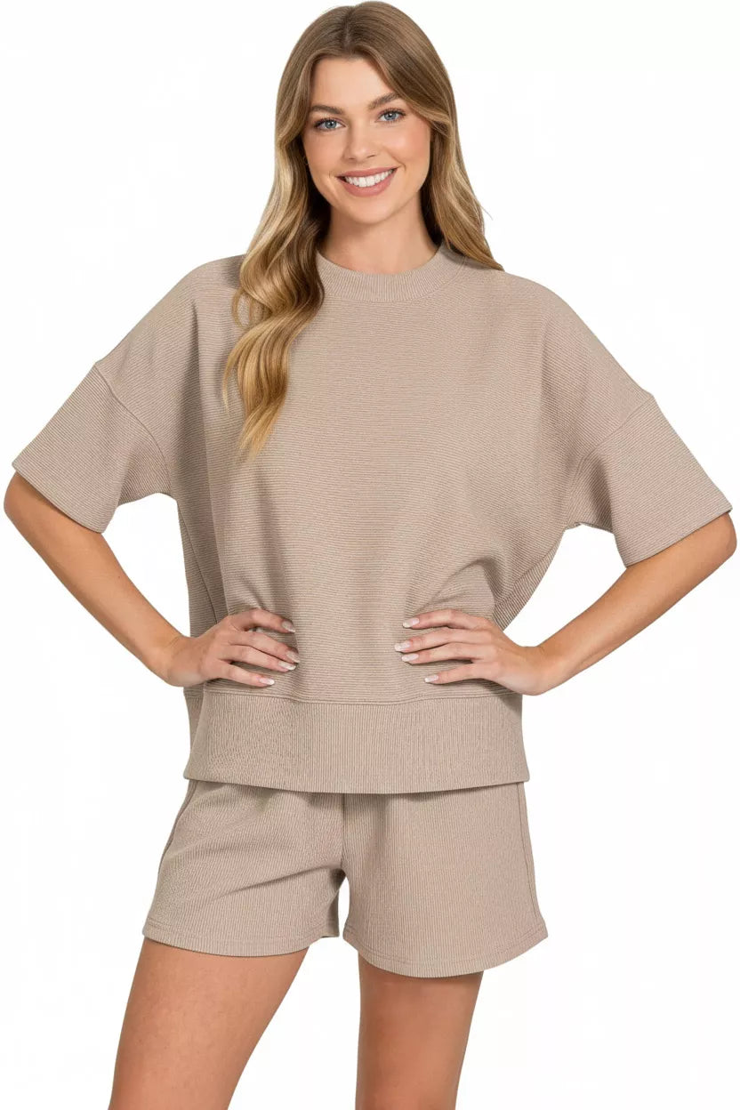 Ribbed Round Neck Waist Banded Tee & Shorts Set