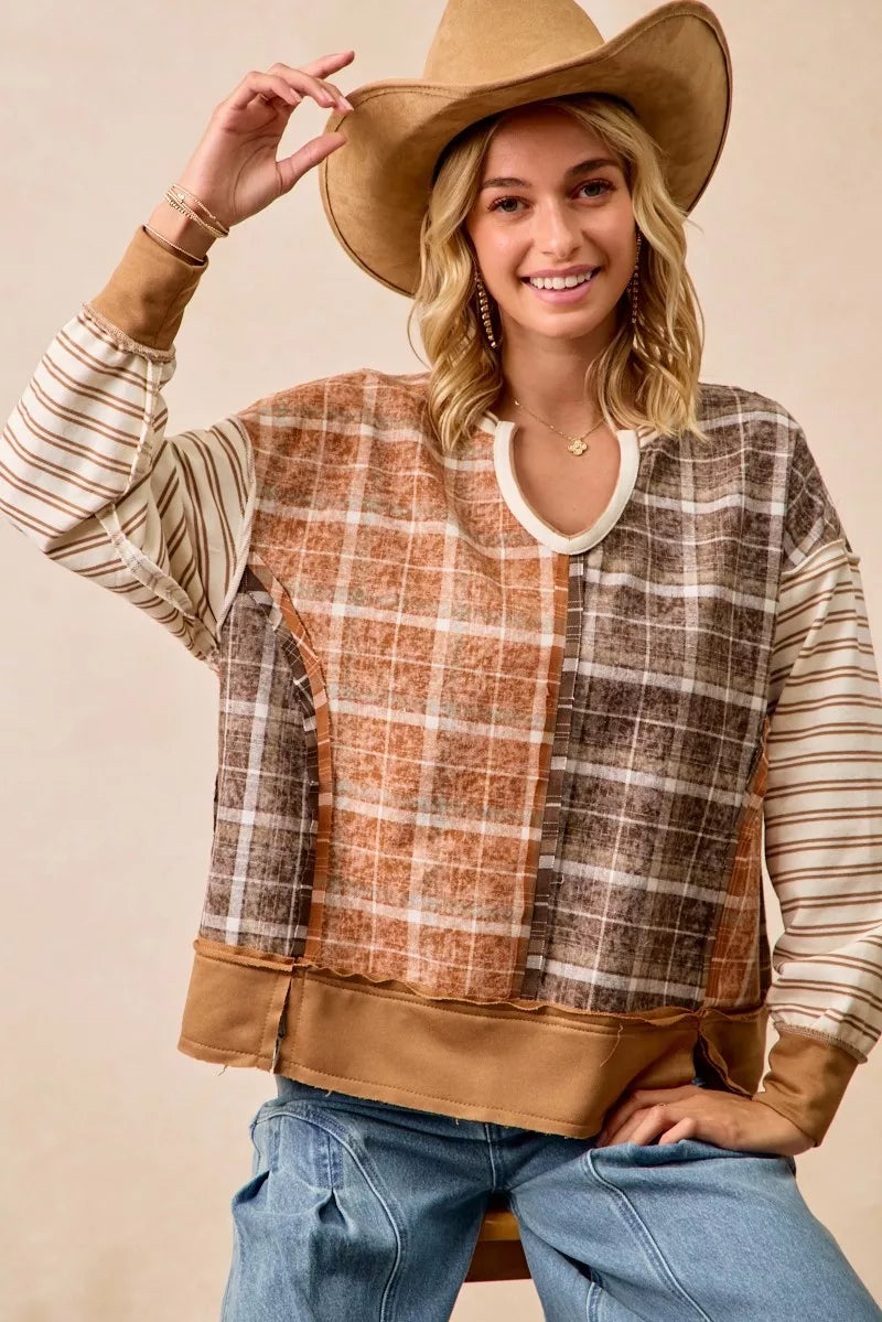 Plaid And Stripe Mix And Match Top With Open Seam