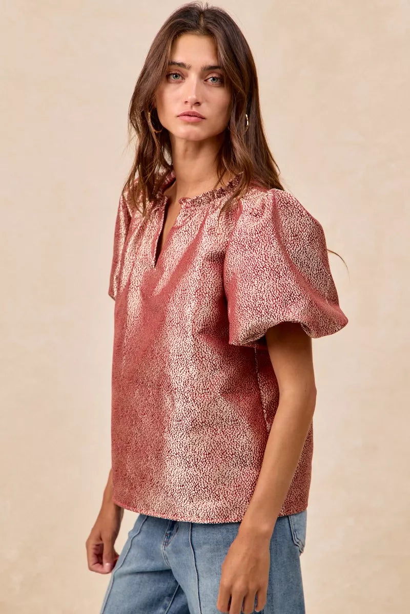 Jacquard Woven Short Balloon Sleeves V Neck Top