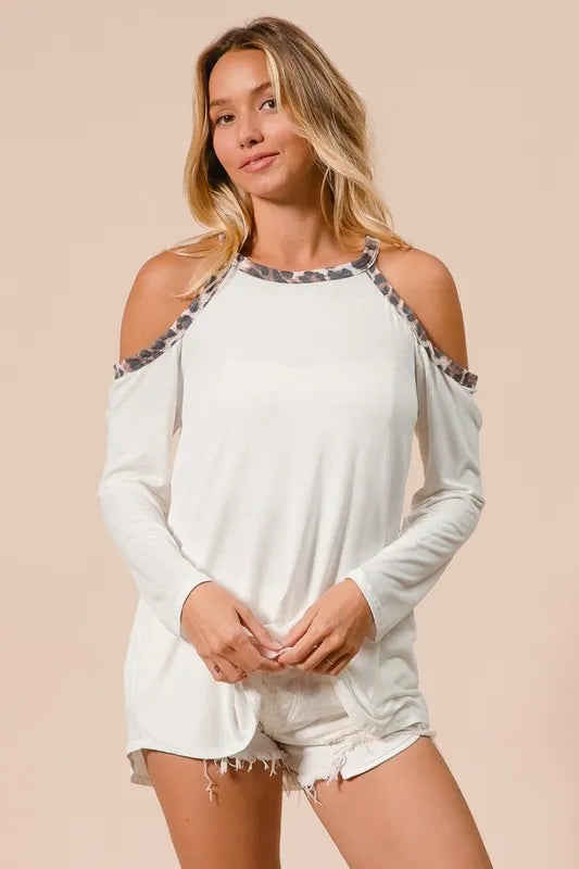 Jersey Knit Cold Shoulder Top with Leopard Neck