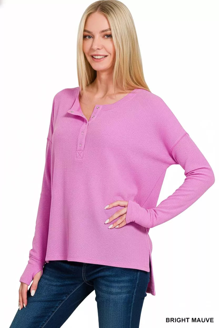 Waffle Thumb Hole Cuffs Henley Tee