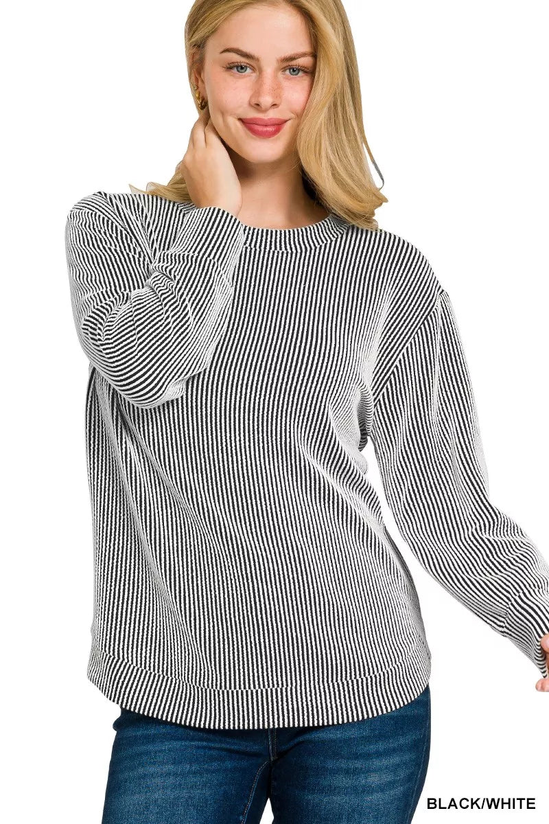 Full Size Raised Rib Round Neck Long Sleeve Top Plus Size