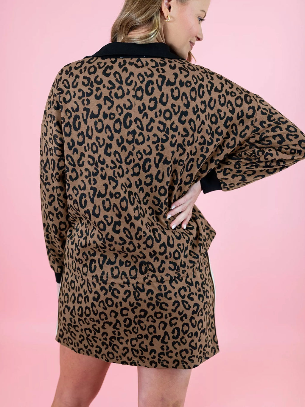 Leopard Print Half Zip Pullover & Drawstring Skirt Set See size chart under “more details”