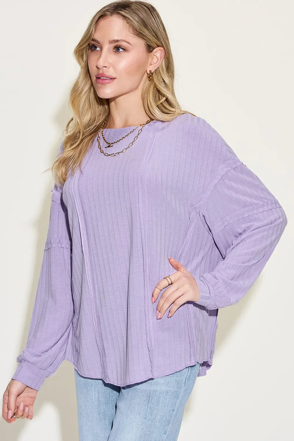 Full Size Ribbed Round Neck Long Sleeve T-Shirt