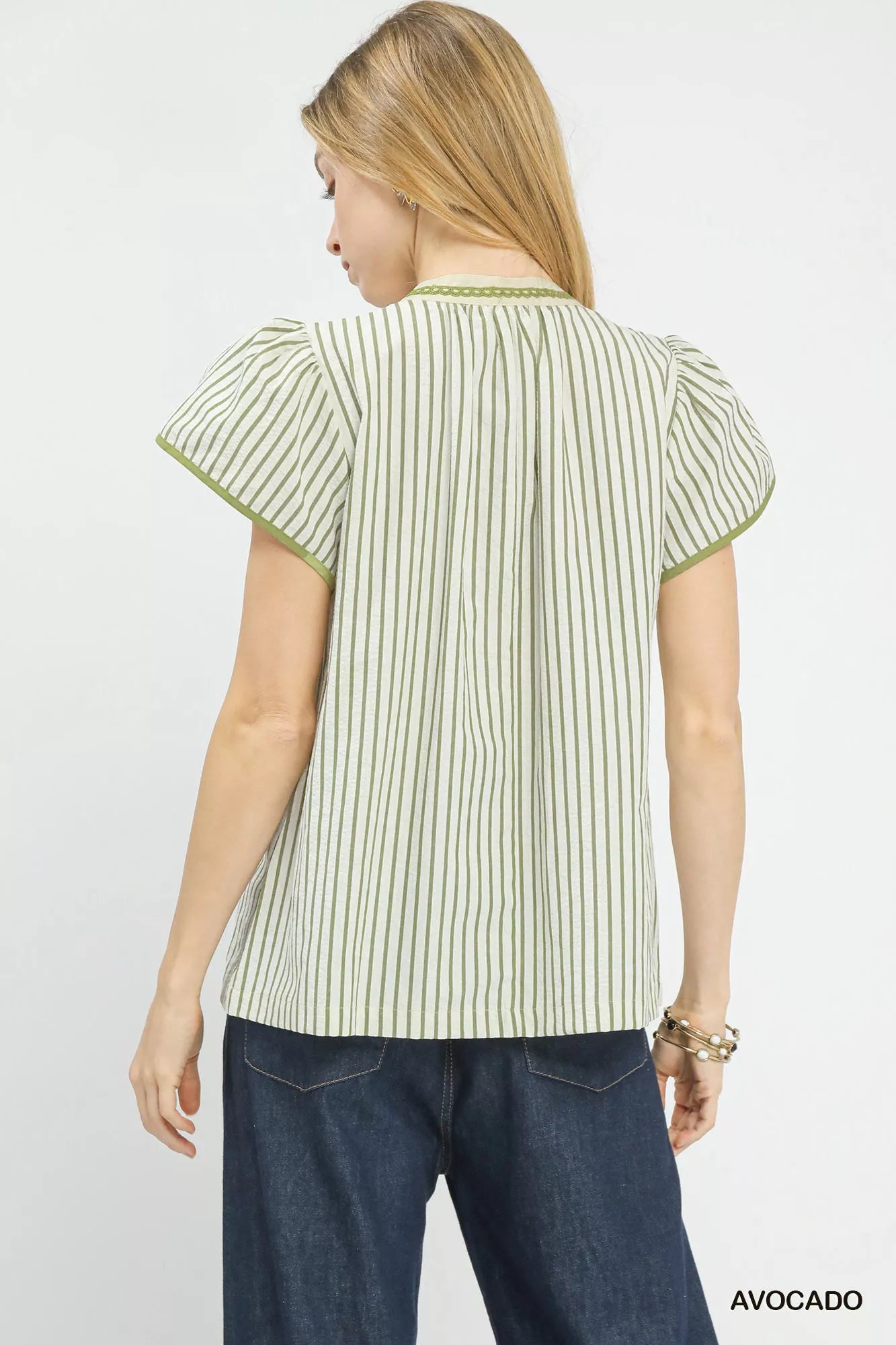 V-Neck Stripe Top with Lace Trim