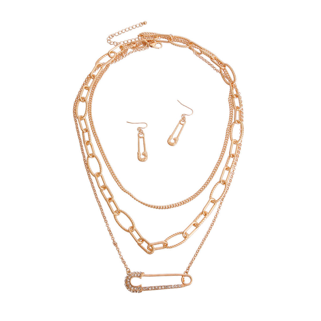 Layered Gold Chain Pin Necklace – Stylish Long Statement Jewelry