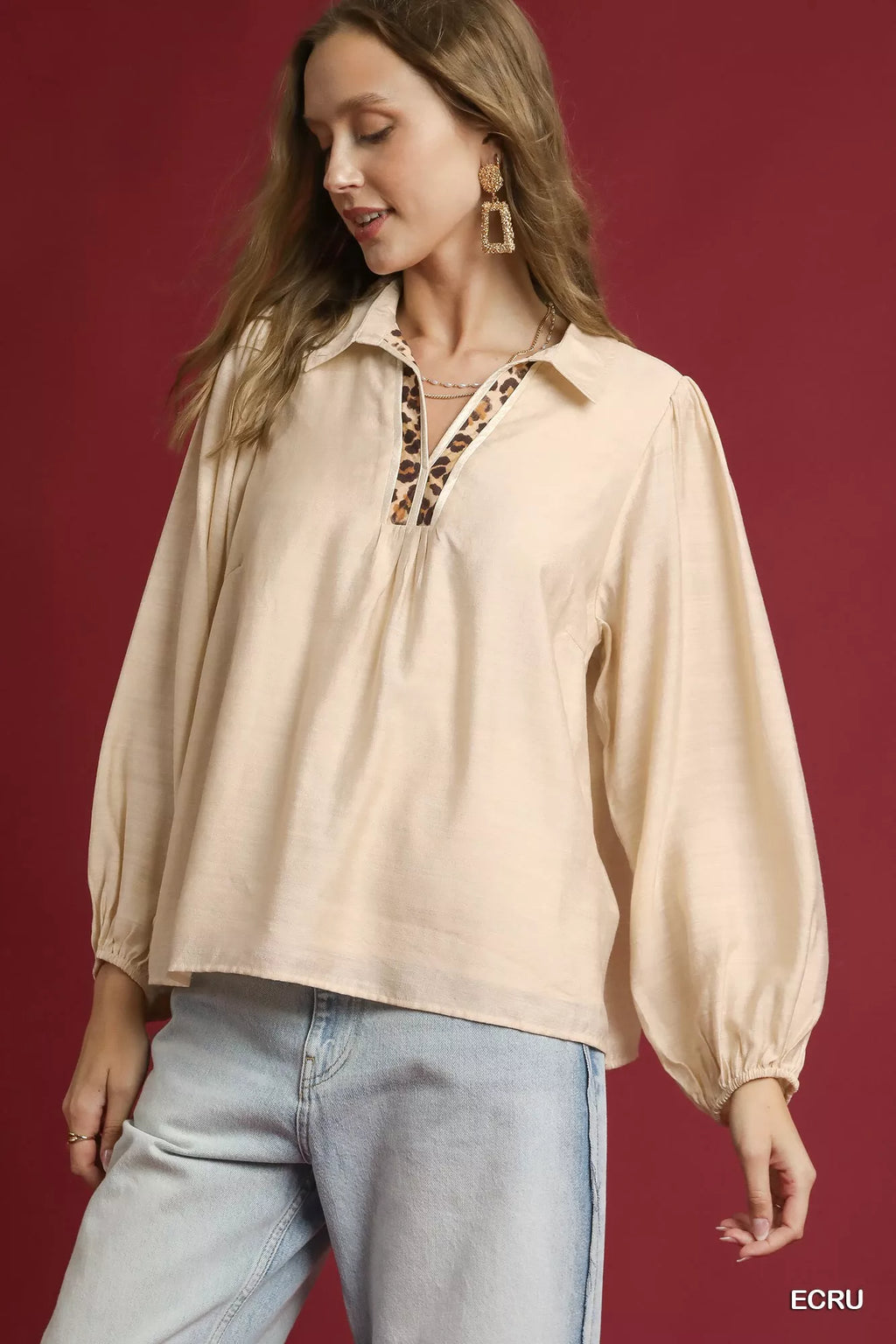 Long Sleeve Blouse with Leopard Print Trim