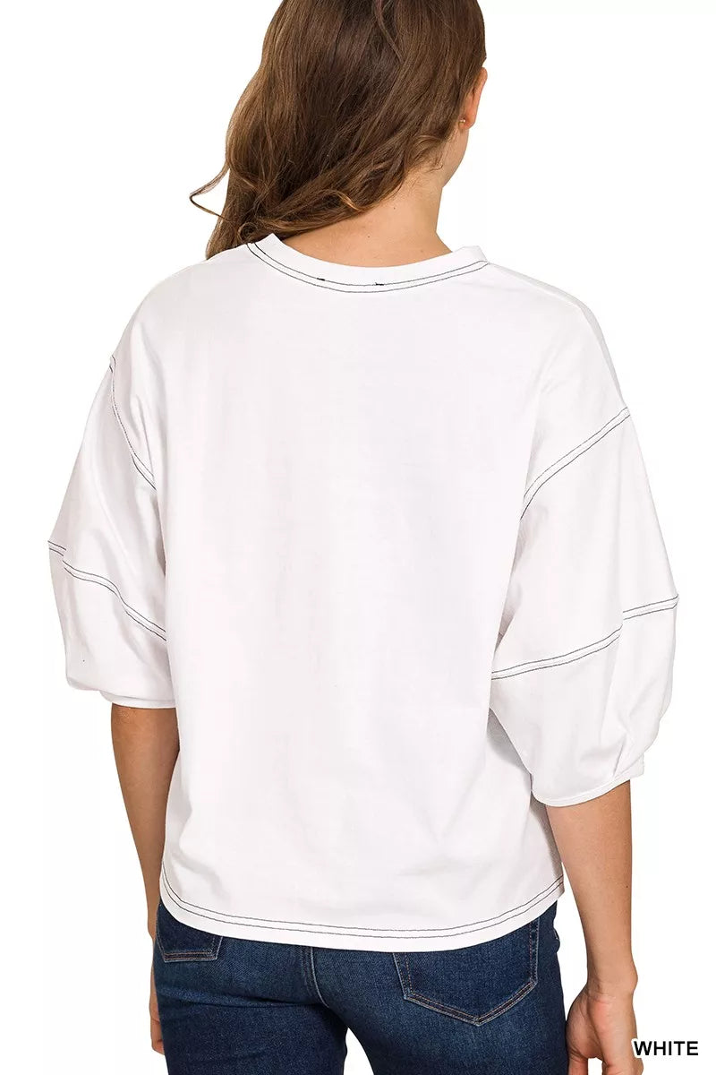 Balloon Sleeve Top with Contrast Stitching
