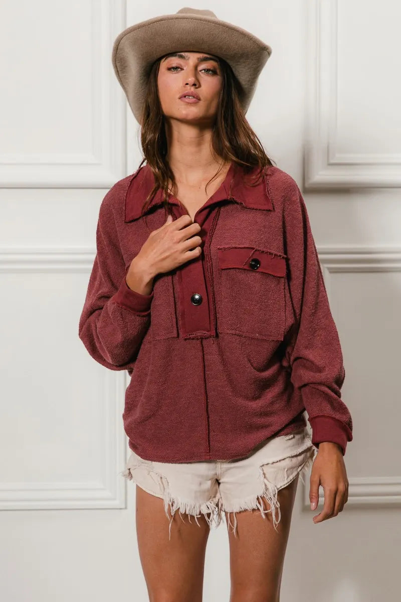 Cp French Terry Cut Edge Detail Collared Top