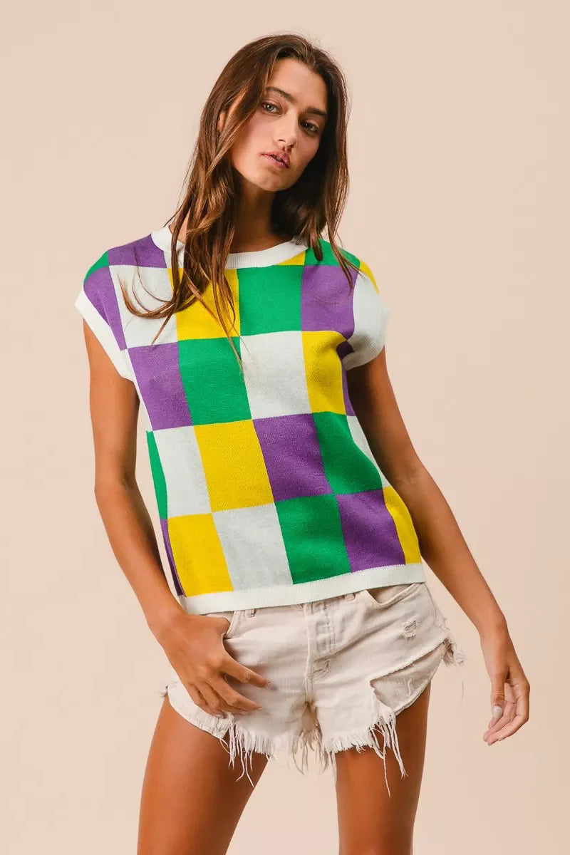 Mardi Gras Checker Pattern Sleeveless Sweater Top