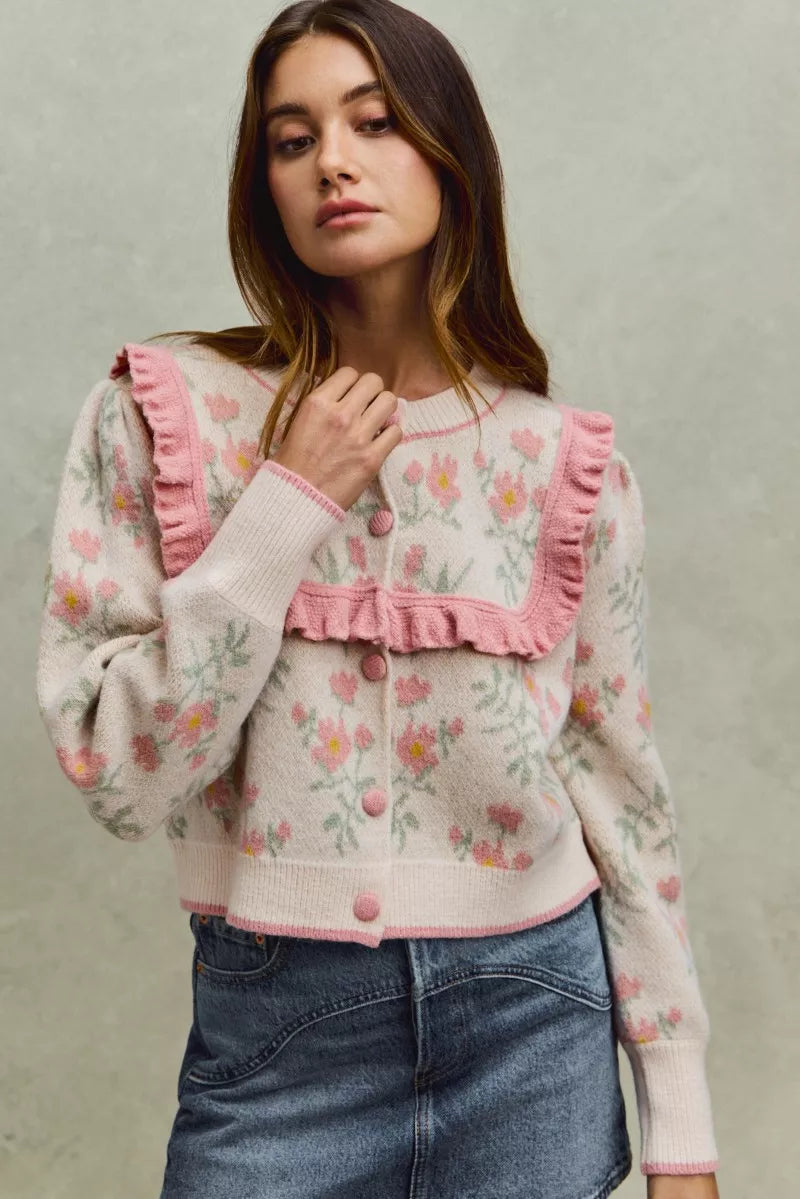 Flower With Ruffle Detailing Sweater Cardigan