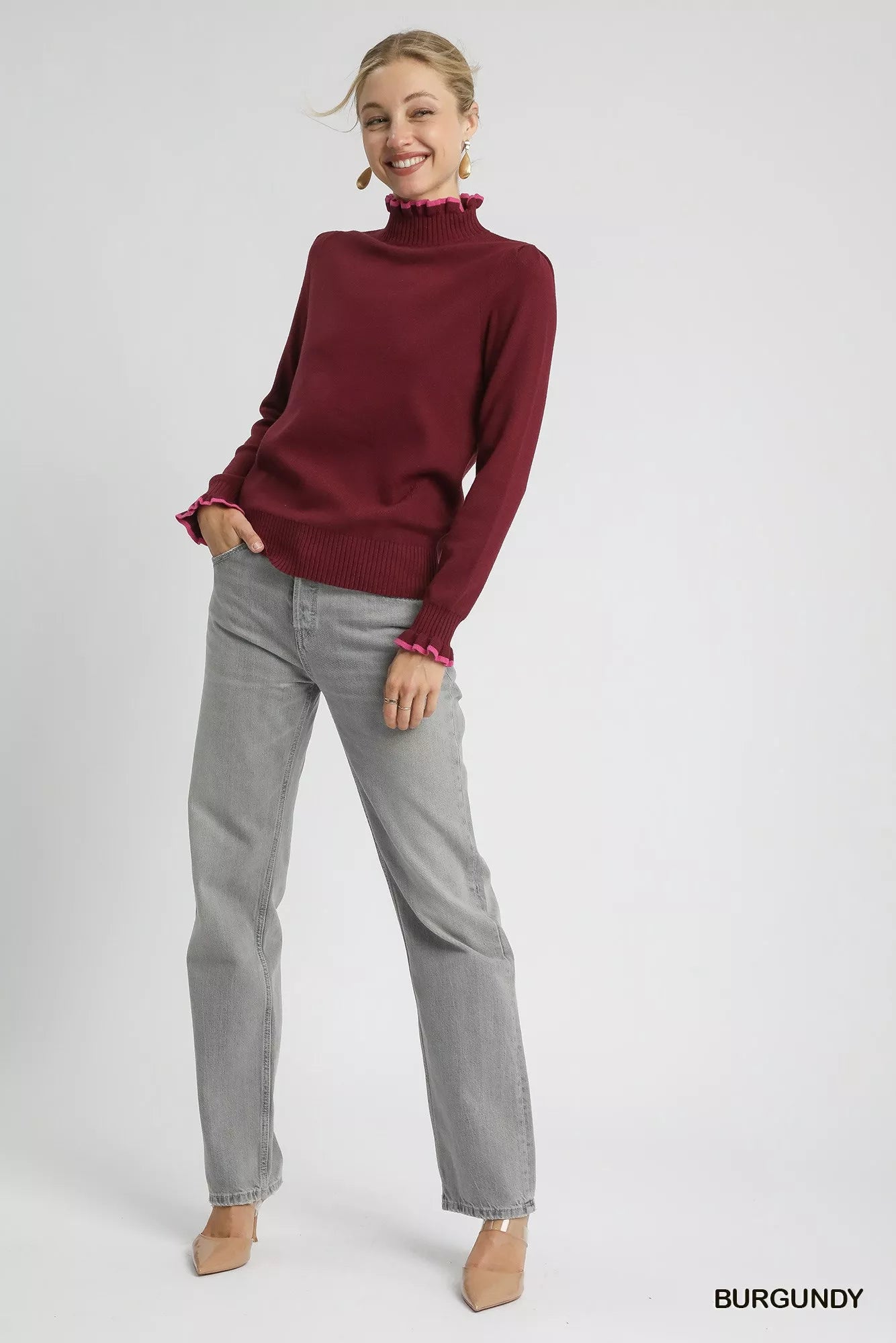 Ribbed Round Neck Sweater with Ruffle Contrast Trim