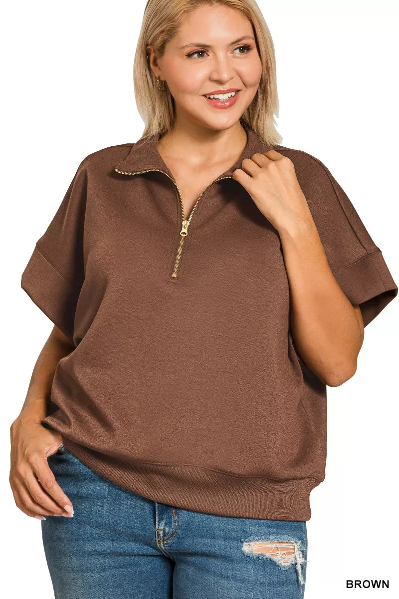 Full Size Scuba High Neck Half Zip Short Sleeve Top Plus Size