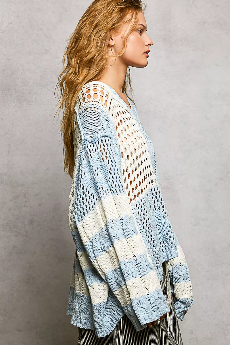 Color-Blocked Stripe Pattern Knit Top with Twisted Weave