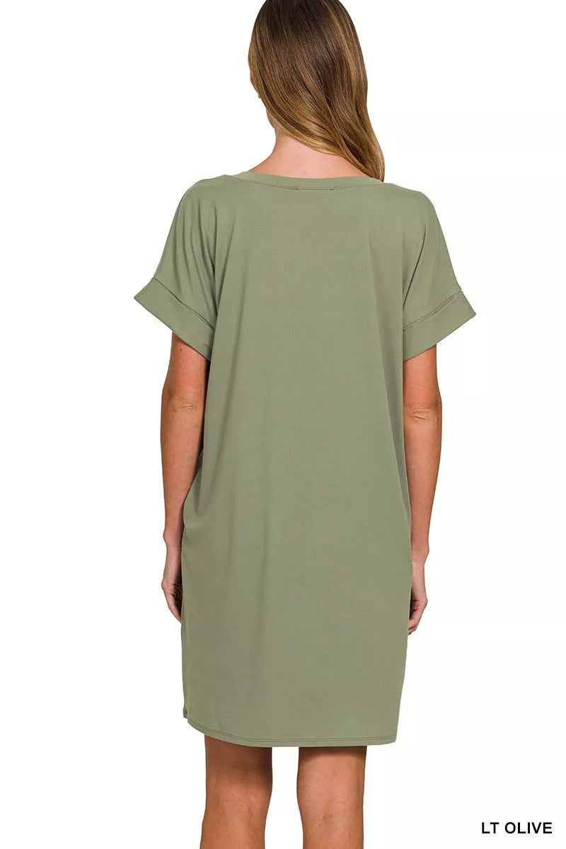 Brushed Dty Rolled Short Sleeve V-Neck Dress
