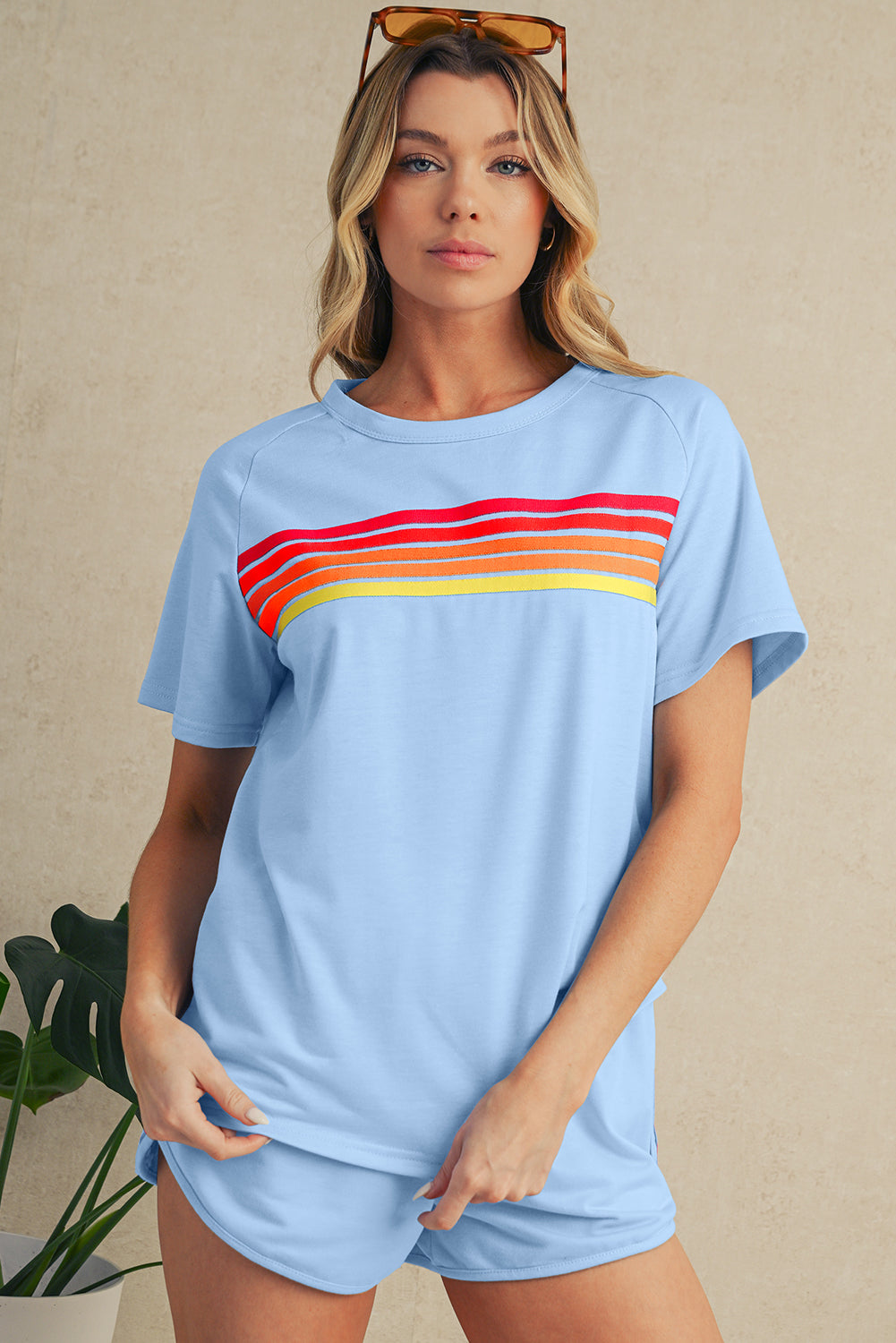Beau Blue Colorful Striped Casual Tee