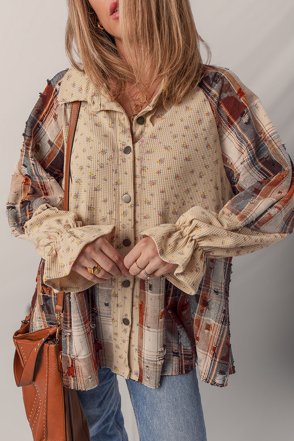 Boho Floral Plaid Patchwork Distressed Detail Ruffled Sleeve Waffle Knit Shacket