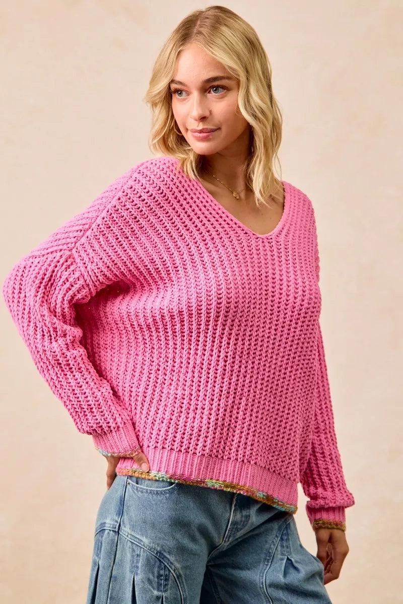 V-Neck Sweater with Colorful Trim