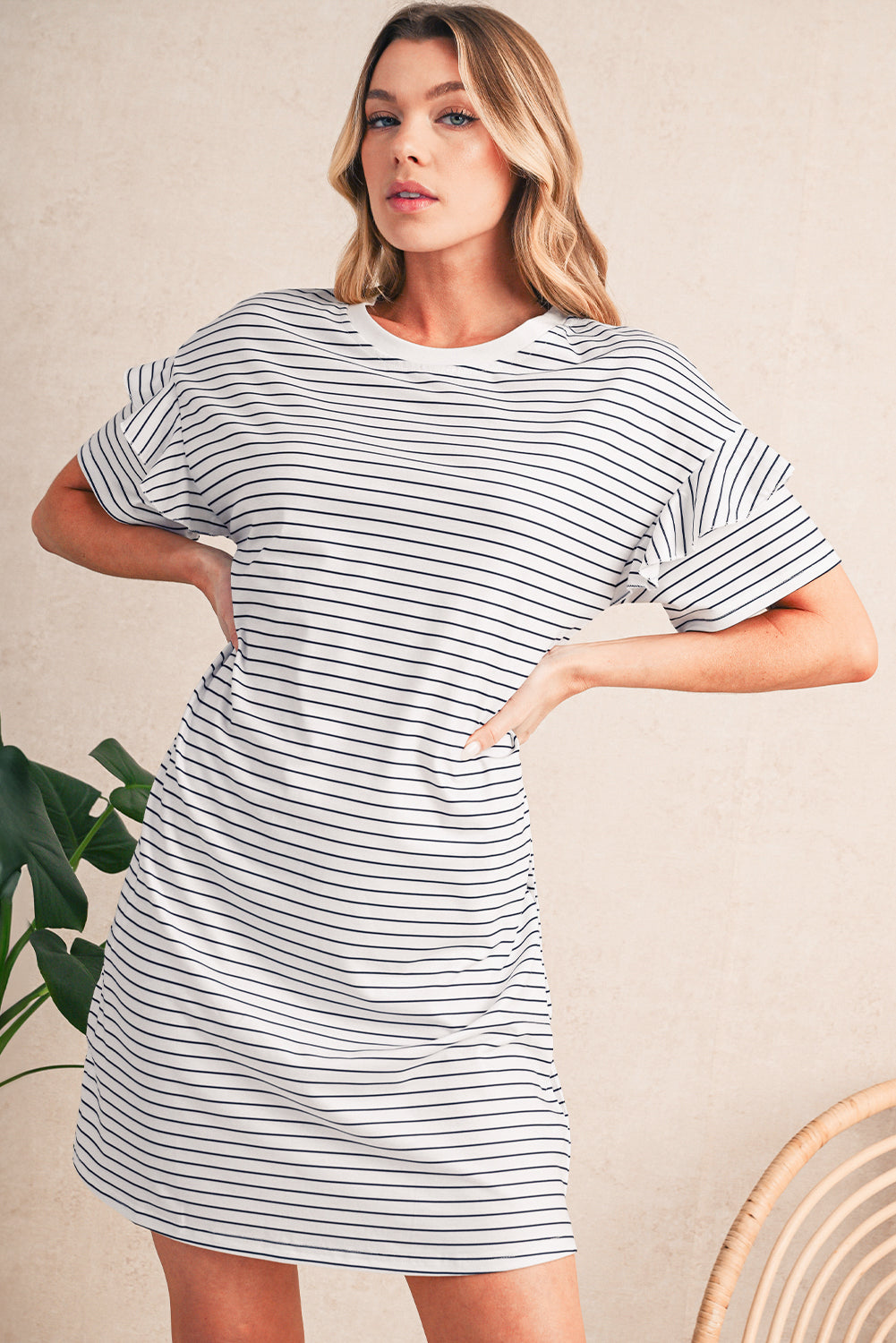 White Stripe Ruffle Short Sleeve T Shirt Mini Dress