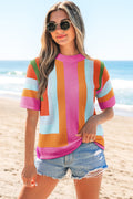 Orange Color Block Eyelet Casual Sweater T Shirt