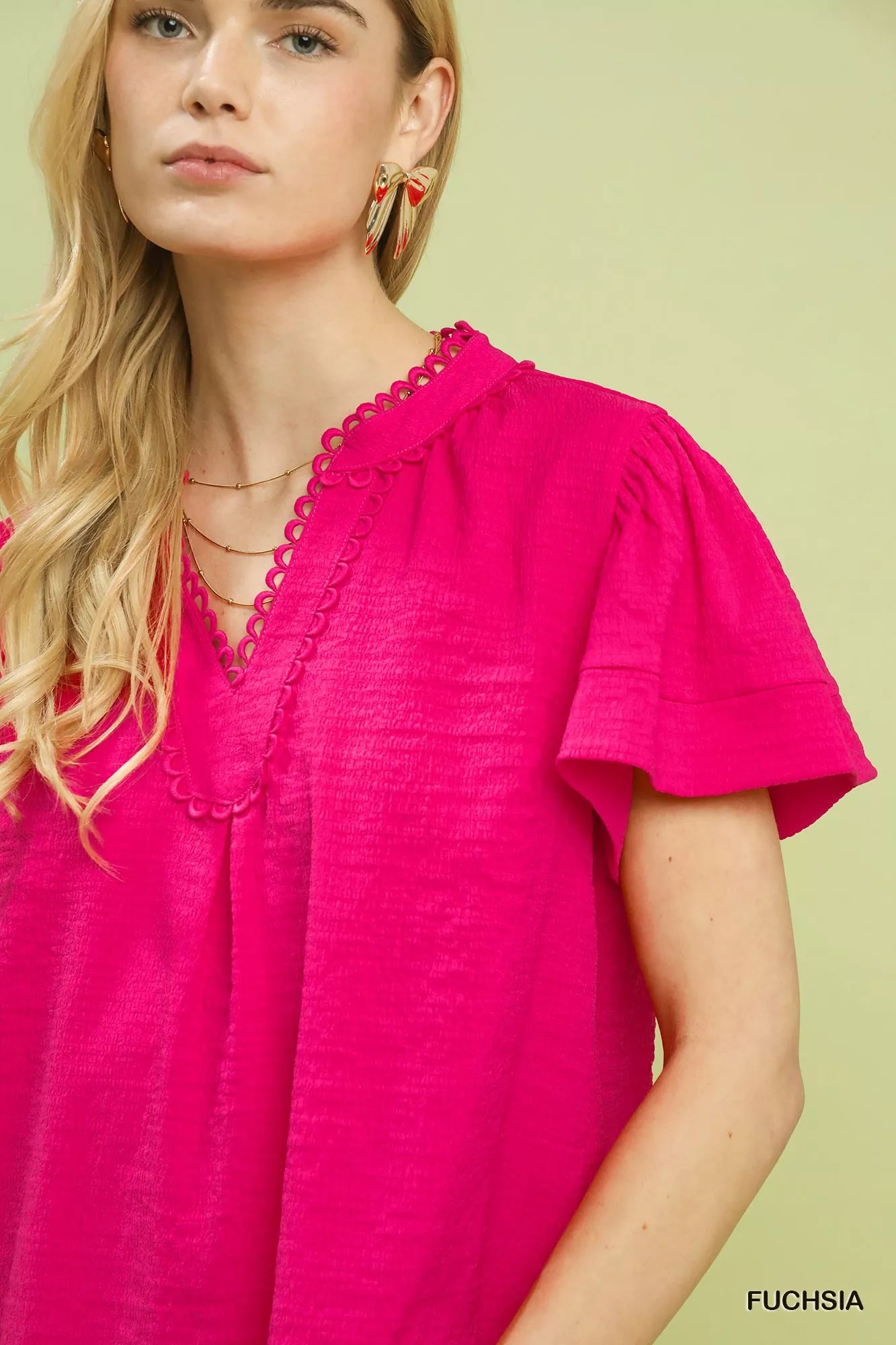 Seersucker Short Sleeve Top with Lace Trim