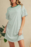 White Stripe Ruffle Short Sleeve T Shirt Mini Dress