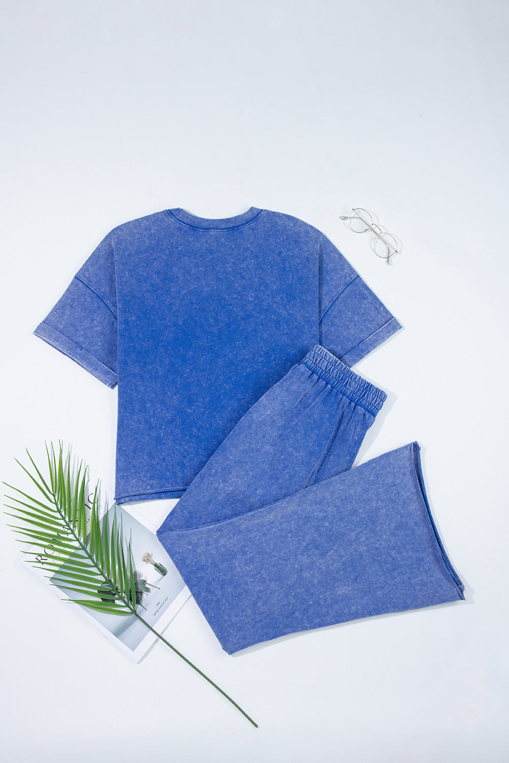 Acid Wash Star Patched Rolled Trim Pants Set