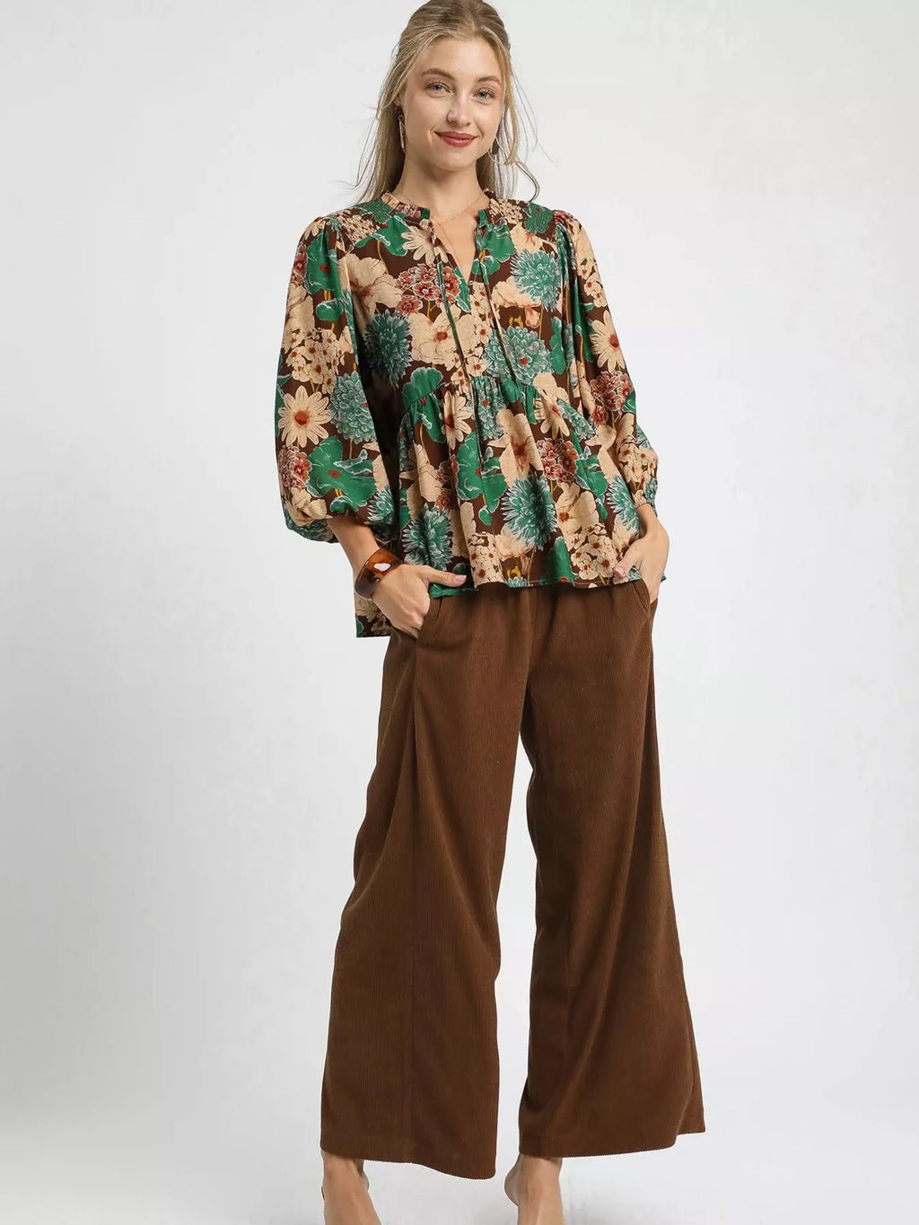 Mix Floral Peplum Blouse with Tie Neck