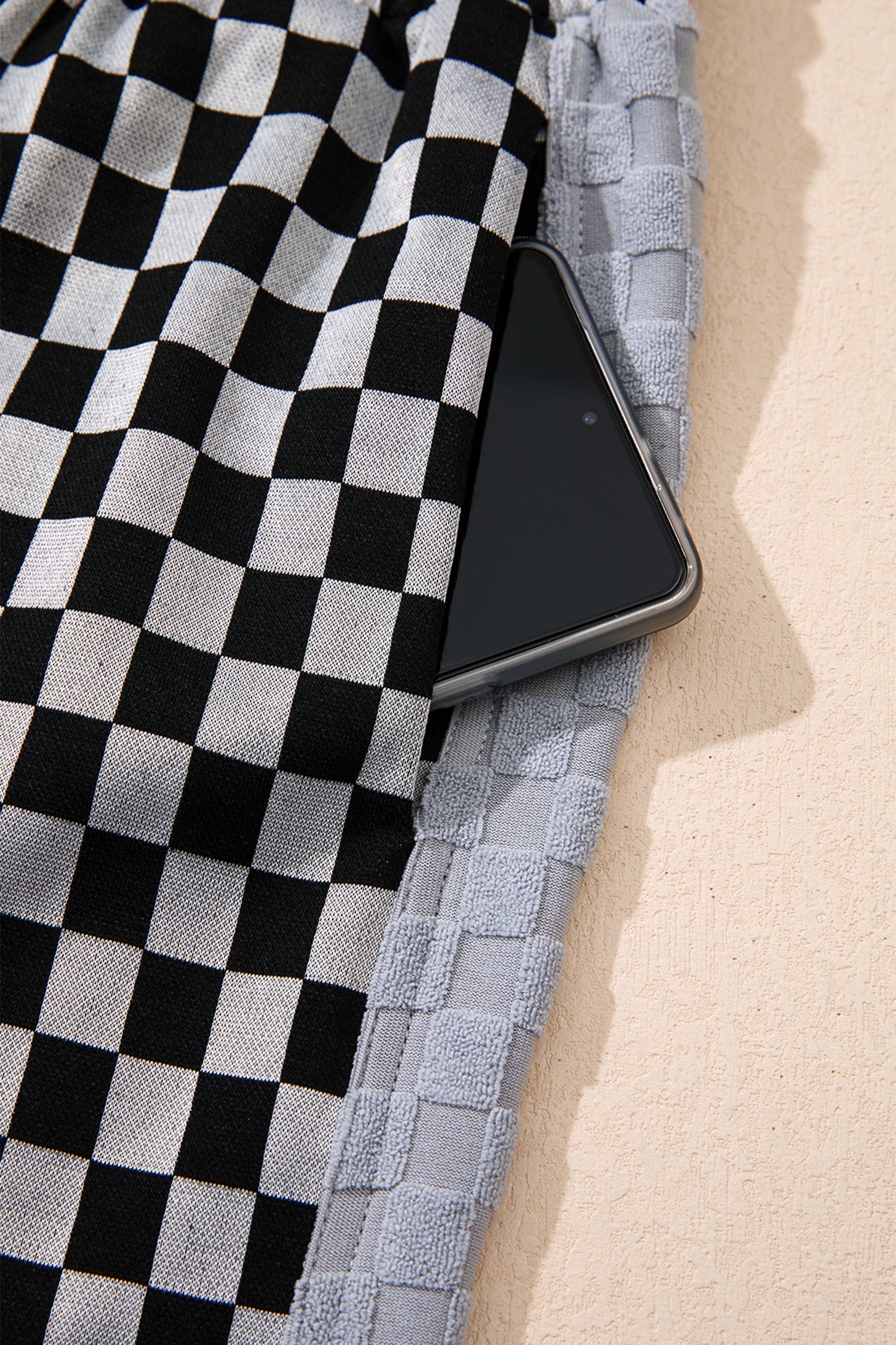 White Checkerboard Drawstring Waist Casual Pants